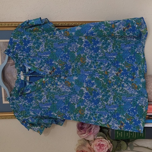 Joie Floral Blue and Green Women's Top Garden Party Brunch Career Large Vacation - Picture 3 of 15